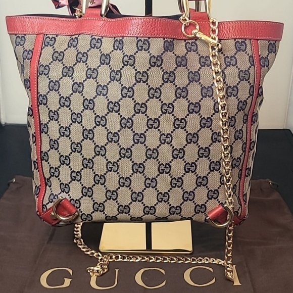 GUCCI VINTAGE 90'S ABBEY TAN CANVAS W NAVY GG DIAMANTE, RED LEATHER/GOLD HRDWR - Picture 10 of 14
